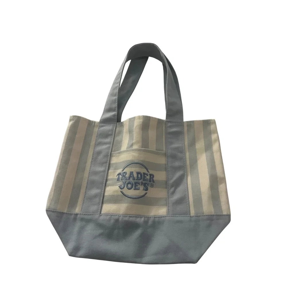 Trader Joe's Mini Canvas Tote Bag Blue White Striped Small Grocery Handbag